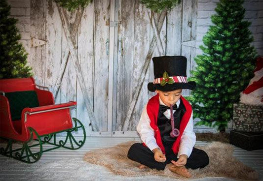 White Brick Barn Christmas Backdrop for Photography Prop