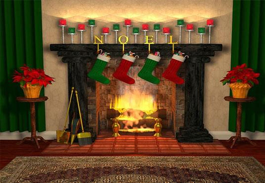 Red Brick Floor Vintage Fireplace Christmas Backdrops