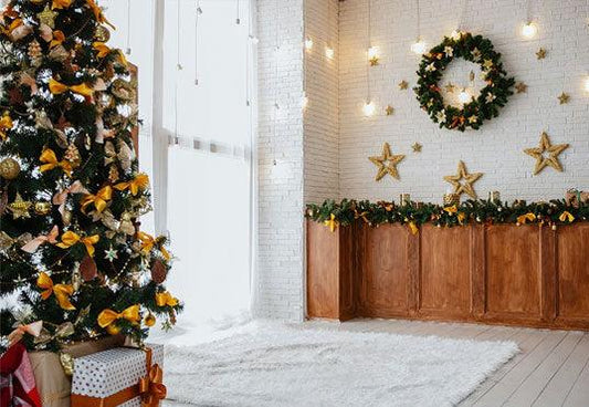 White Brick Wall Christmas Wood Floor Backdrops