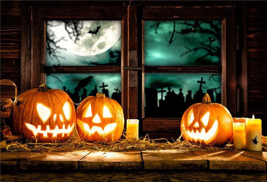 Wood Window Bright Pumpkin Halloween Backdrop