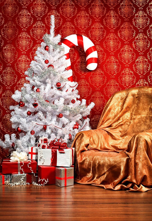 Red Wall Brown Wood Floor Christmas Backdrops