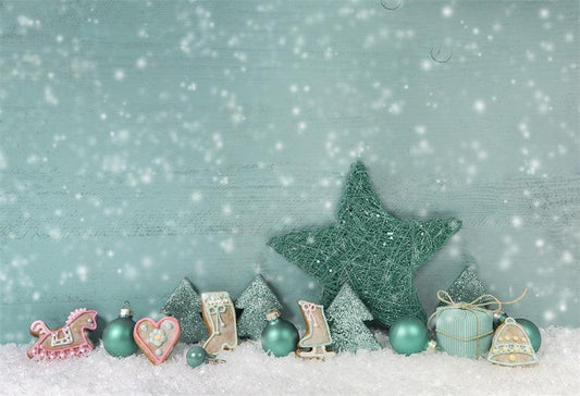 Aqua Wood Snowflake Green Bell Christmas Backdrops