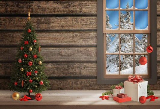 Christmas Wood Wall Window Snow Backdrops