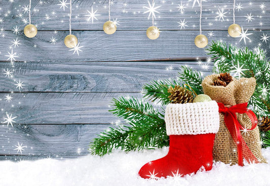 Light Snowflake Wood Wall Photo Backdrop Pine Branch Christmas Boot Background