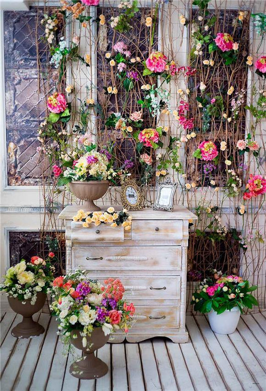 Flowers Window Wood Floor Backdrop for Picture
