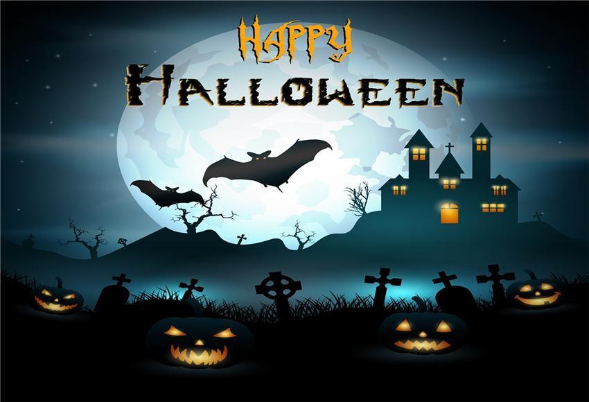 Black Bats Castle Happy Halloween Backdrop