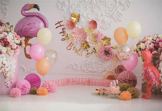 Flamingo Happy Birthday Pink Flowers Backdrop