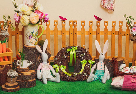 Spring Grass Fence Garden Rabbit Flower Easter Photography Backdrop